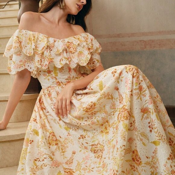 Multicolor Elegant Women's Off Shoulder Ruffled Floral Embroidered Dress - Picture 1 of 6